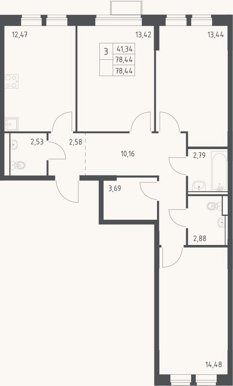 Планировка: 3-к, 78,4 м²