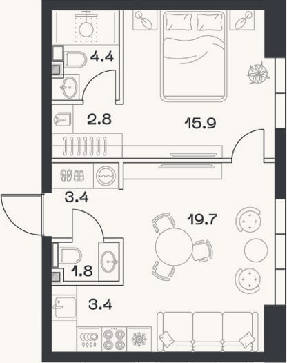 Планировка: 2-к, 51,9 м²