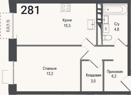 Планировка: 2-к, 42,5 м²