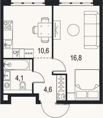 Планировка: 1-к, 36,1 м²