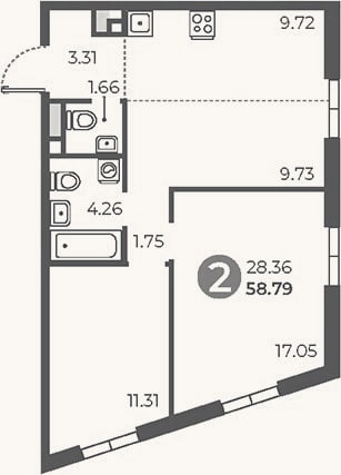 Планировка: 2-к, 58,8 м²