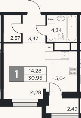 Планировка: Студия, 29,7 м²