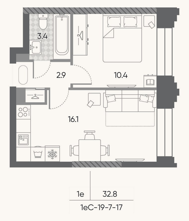 Планировка: 2-к, 32,8 м²