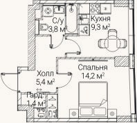 Планировка: 1-к, 34,1 м²