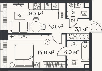 Планировка: 2-к, 37,6 м²