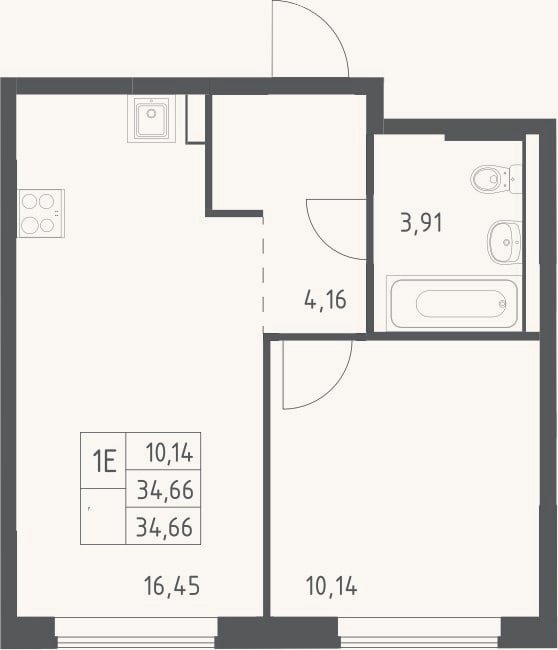 Планировка: 2-к, 34,7 м²