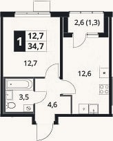 Планировка: 1-к, 33,4 м²