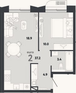 Планировка: 2-к, 37,2 м²