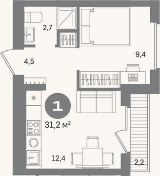 Планировка: 1-к, 29 м²