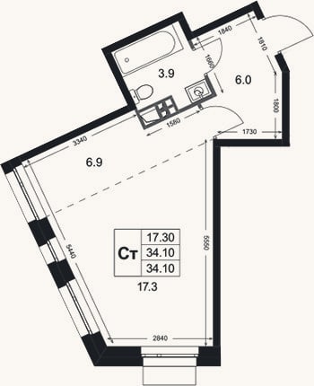 Планировка: Студия, 34,1 м²