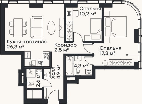 Планировка: 3-к, 68,1 м²