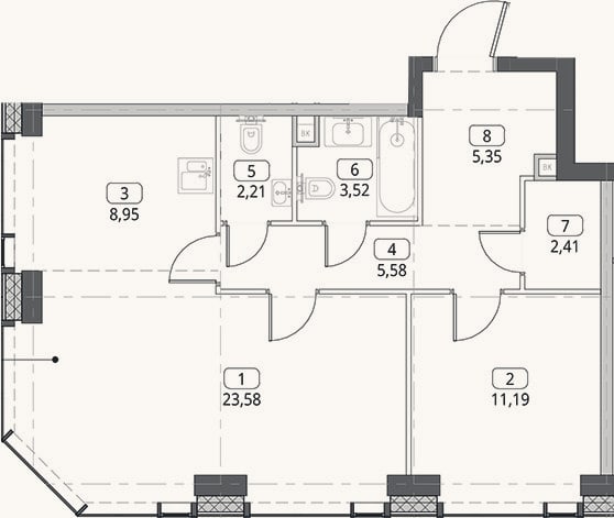 Планировка: 2-к, 62,8 м²