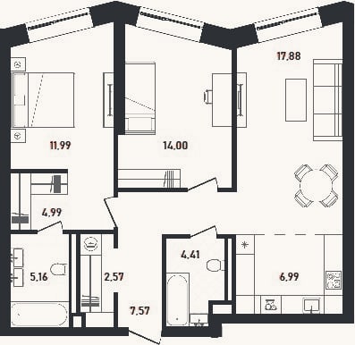 Планировка: 3-к, 75,6 м²