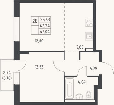 Планировка: 2-к, 42,3 м²