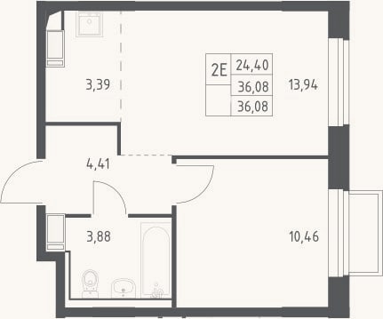 Планировка: 2-к, 36,1 м²