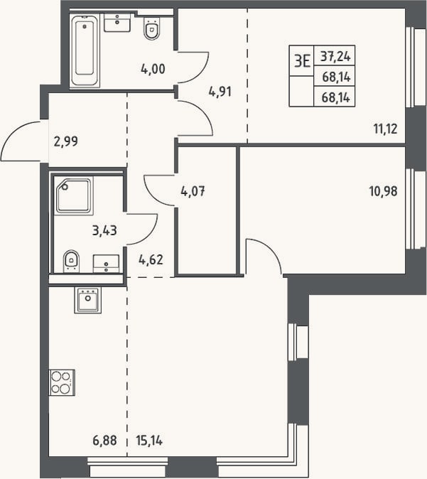 Планировка: 3-к, 68,1 м²