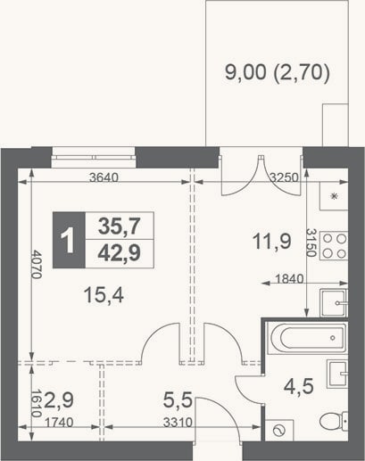 Планировка: 1-к, 40,2 м²