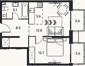 Планировка: 2-к, 42,7 м²