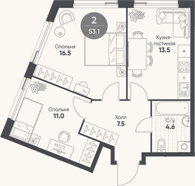 Планировка: 3-к, 53,1 м²