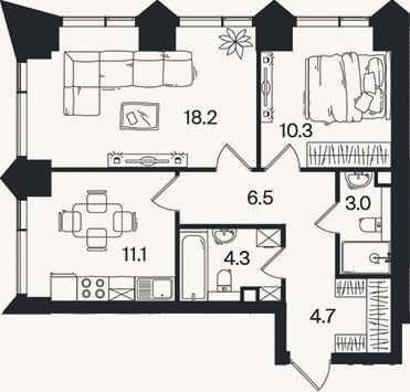 Планировка: 2-к, 58,1 м²