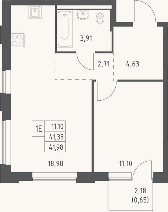 Планировка: 2-к, 41,3 м²