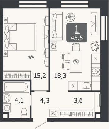 Планировка: 2-к, 45,5 м²