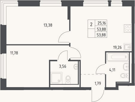 Планировка: 3-к, 53,9 м²