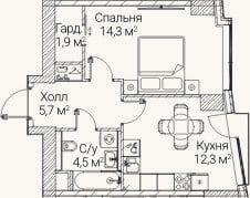 Планировка: 1-к, 38,3 м²