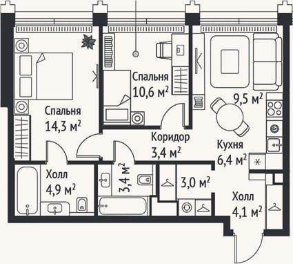 Планировка: 3-к, 59,9 м²