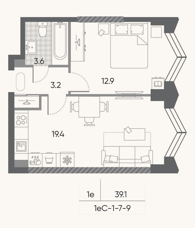 Планировка: 2-к, 39,1 м²