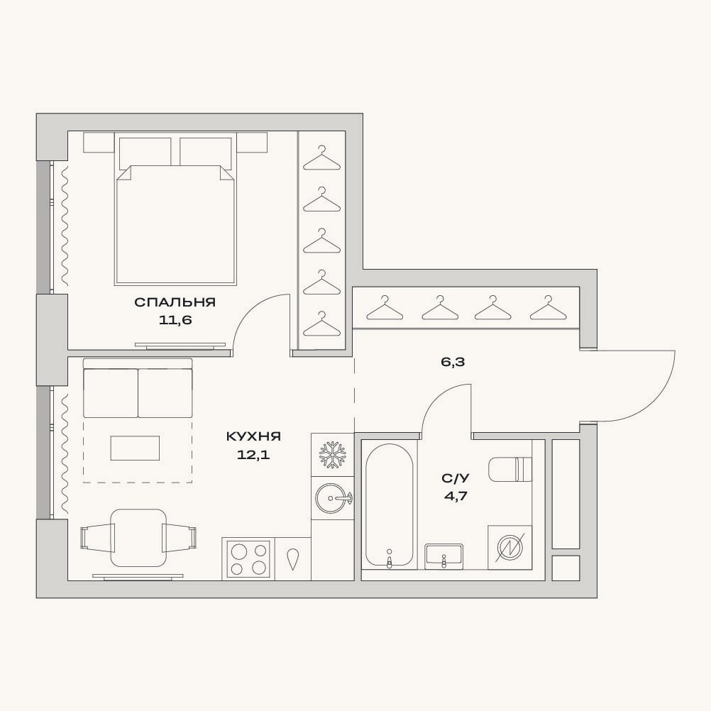 Планировка: 1-к, 34,7 м²