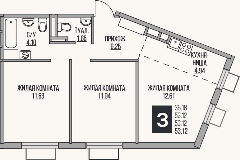 Планировка: 3-к, 53,1 м²