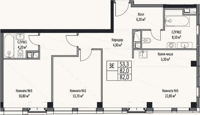 Планировка: 3-к, 82 м²