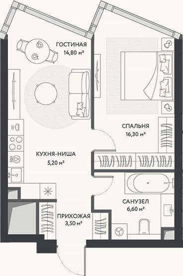 Планировка: 2-к, 46,4 м²