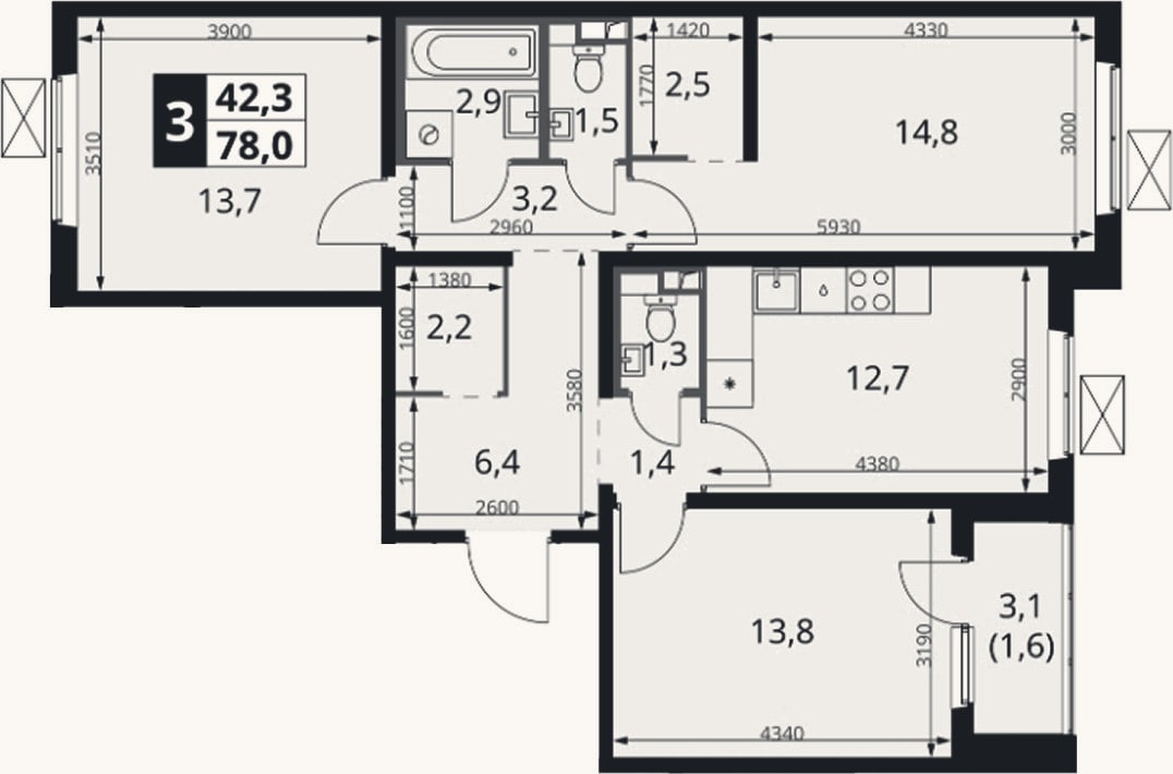 Планировка: 3-к, 76,4 м²