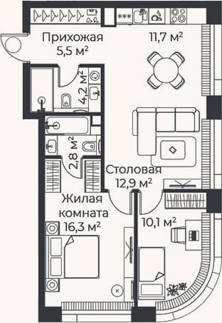 Планировка: 3-к, 63,5 м²