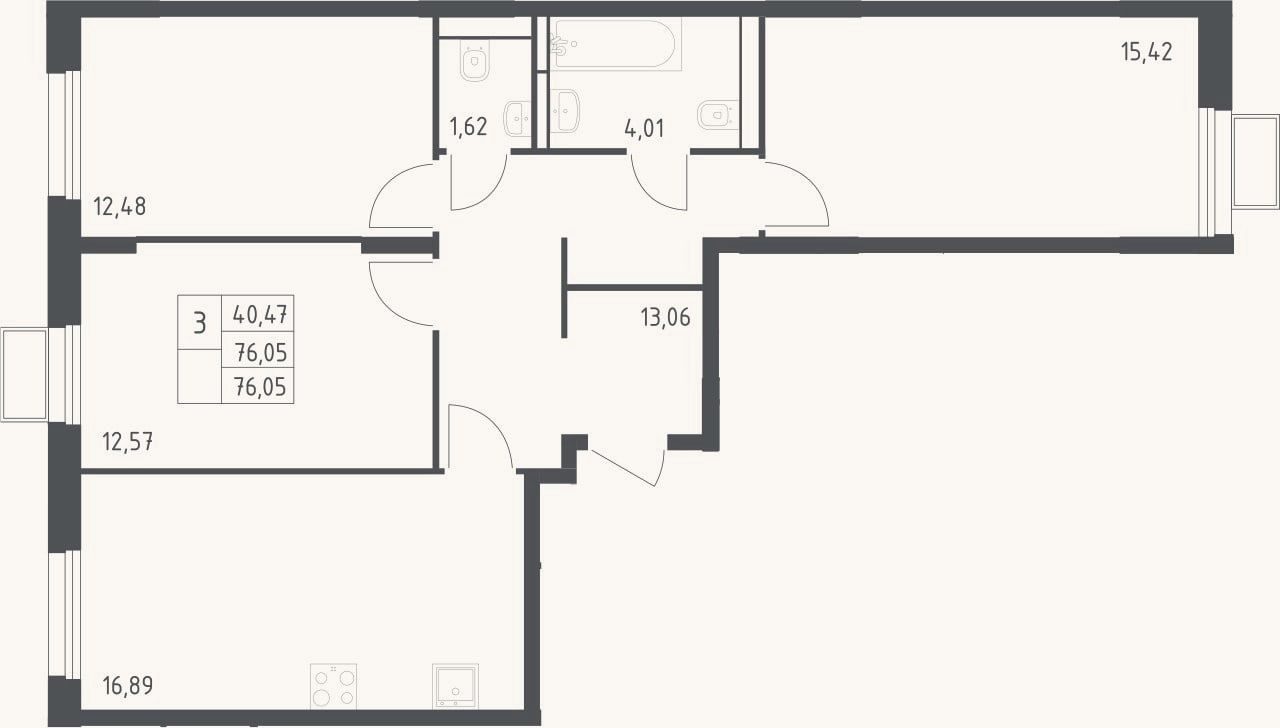 Планировка: 3-к, 76,1 м²