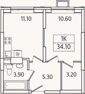 Планировка: 1-к, 34,1 м²