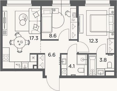 Планировка: 2-к, 52,7 м²