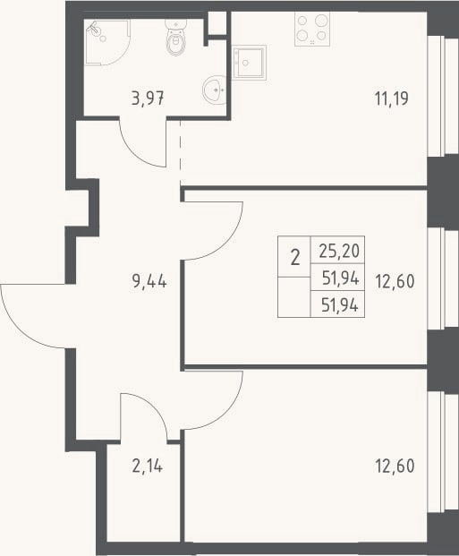 Планировка: 2-к, 51,9 м²