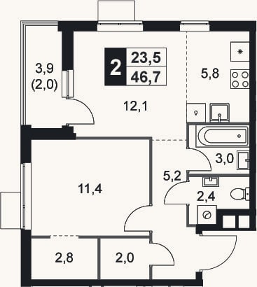 Планировка: 2-к, 44,7 м²