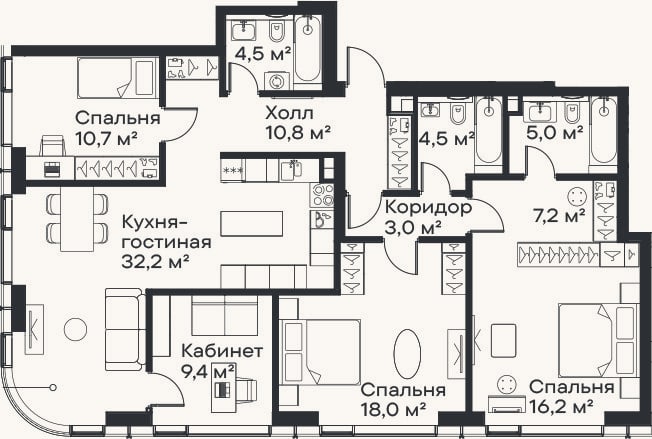 Планировка: 4+ к, 121,5 м²