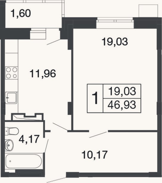 Планировка: 1-к, 45,3 м²