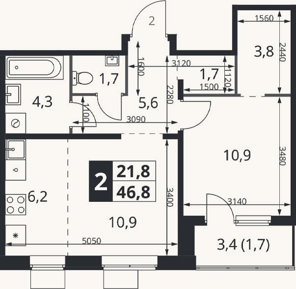 Планировка: 2-к, 45,1 м²