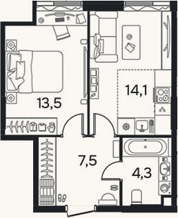 Планировка: 1-к, 39,4 м²