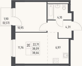 Планировка: 2-к, 38,1 м²