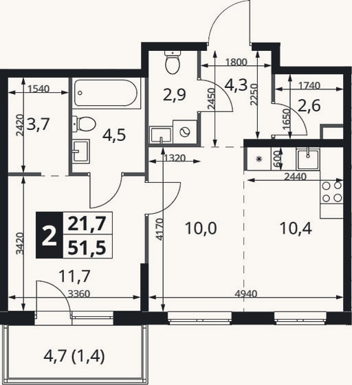 Планировка: 2-к, 50,1 м²