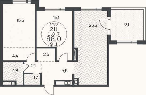 Планировка: 2-к, 78,9 м²