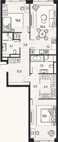 Планировка: 3-к, 90,2 м²