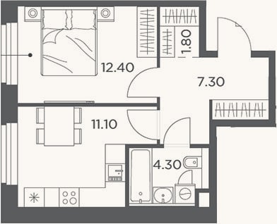 Планировка: 1-к, 36,9 м²